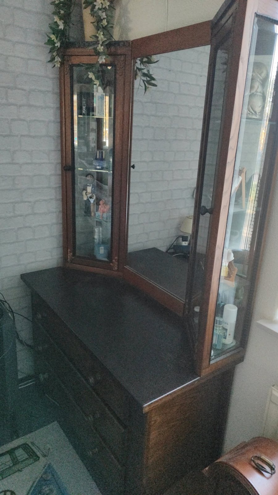 Antieke kaptafel met spiegel en vitrinekasten, Antiek en Kunst, Ophalen of Verzenden
