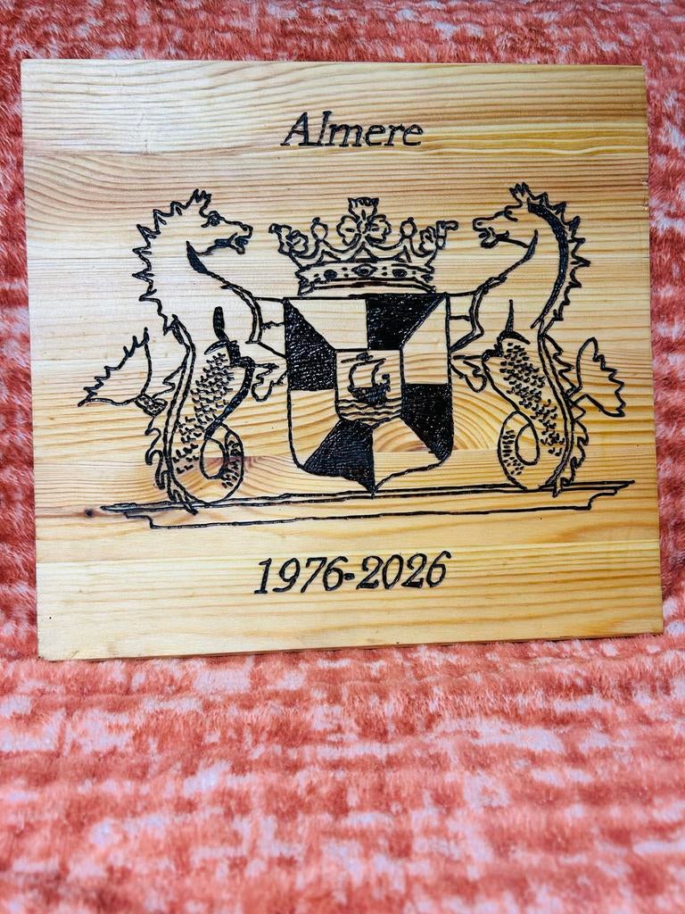Unieke handgemaakte houten wanddecoratie - Wapen van Almere, Verzenden, Zo goed als nieuw
