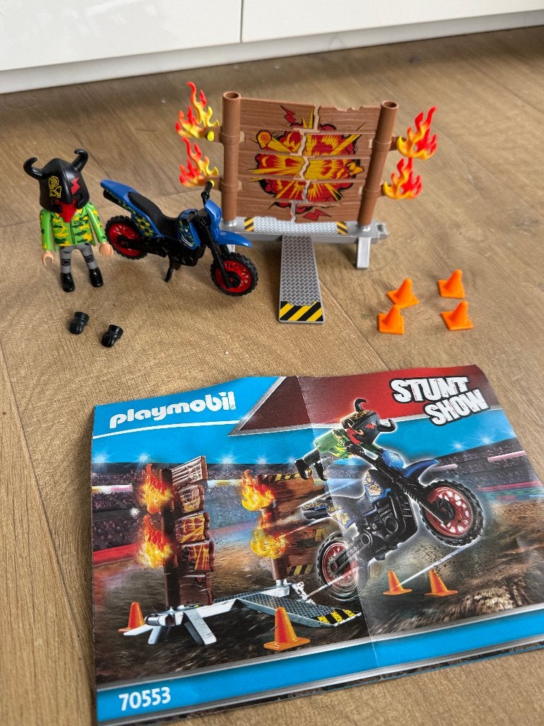 Playmobil Stunt Show Motor met Vuurmuur (Set 70553), Complete set, Voertuig, Ophalen of Verzenden, Zo goed als nieuw