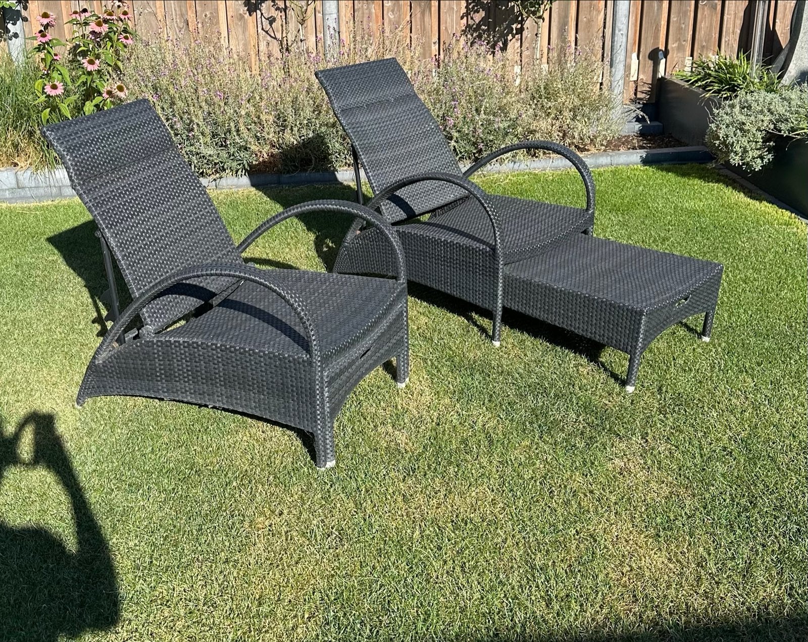 Tuin (lig)stoelen - zwart (2x) - wicker, Ophalen, Gebruikt, Wicker, Verstelbaar