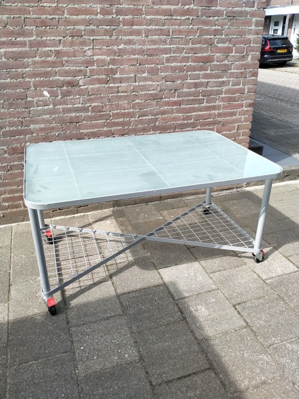 metalen tafel met glasplaat op wielen, Ophalen of Verzenden, Rond, Metaal
