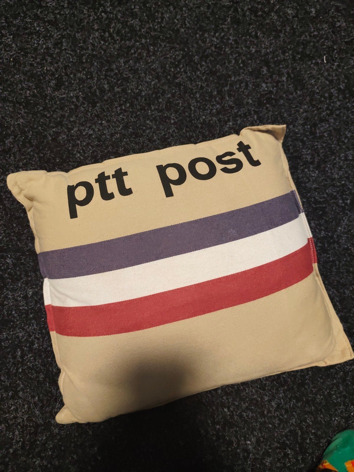 Decoratief PTT Post Kussentje uniek en vintage, Gebruikt, Beige, Met print, Vierkant