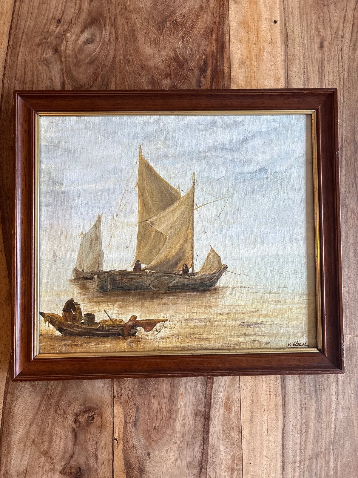 Olieverfschilderij Maritiem Gezicht met Zeilboten, Gesigneer, Maritiem / water, Doek, Realistisch, Ophalen of Verzenden