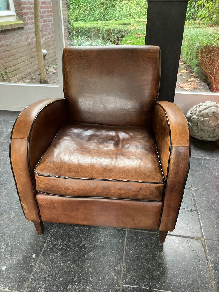 Schapenleren fauteuil, Huis en Inrichting, Ophalen, Gebruikt, 50 tot 75 cm, Leer
