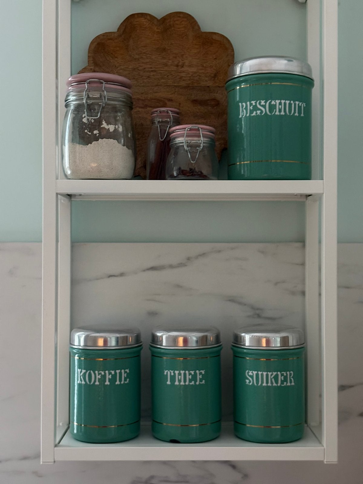 Mintgroene emaille koffie, thee, suiker en beschuit bussen, Ophalen of Verzenden