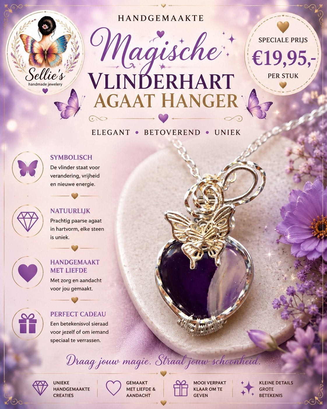 🦋 Sellie's handmade jewelery 🦋, Sieraden, Tassen en Uiterlijk, Kettingen, Ophalen of Verzenden, Nieuw, Paars, Steen of Mineraal