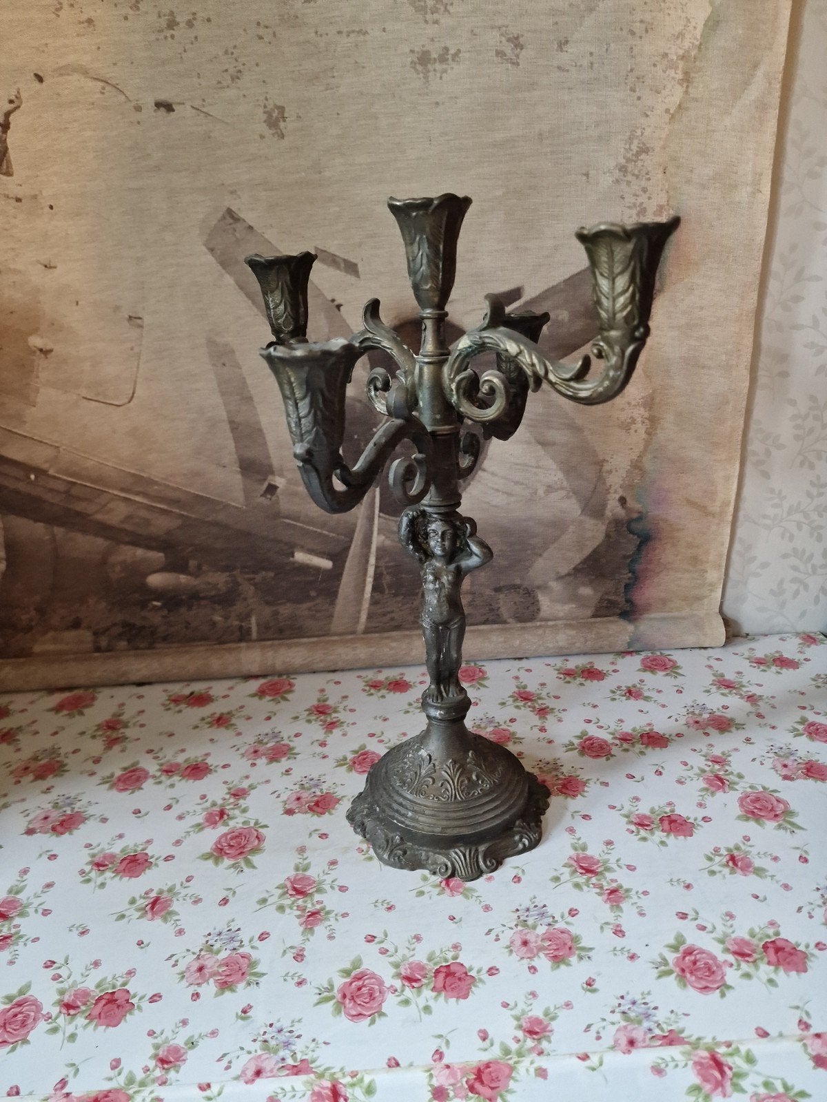 Antiek koperen kandelaar cupido engel, Ophalen of Verzenden, Koper of Brons