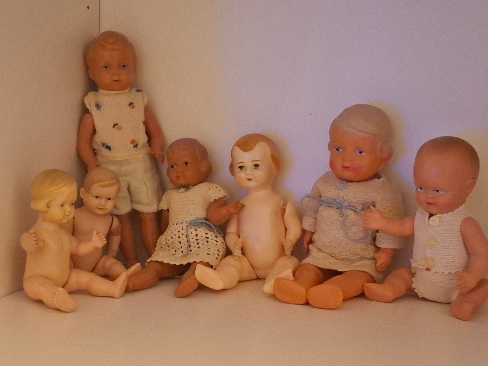 7 vintage celluloid/kunststof popjes (11-20 cm), Ophalen, Gebruikt, Pop