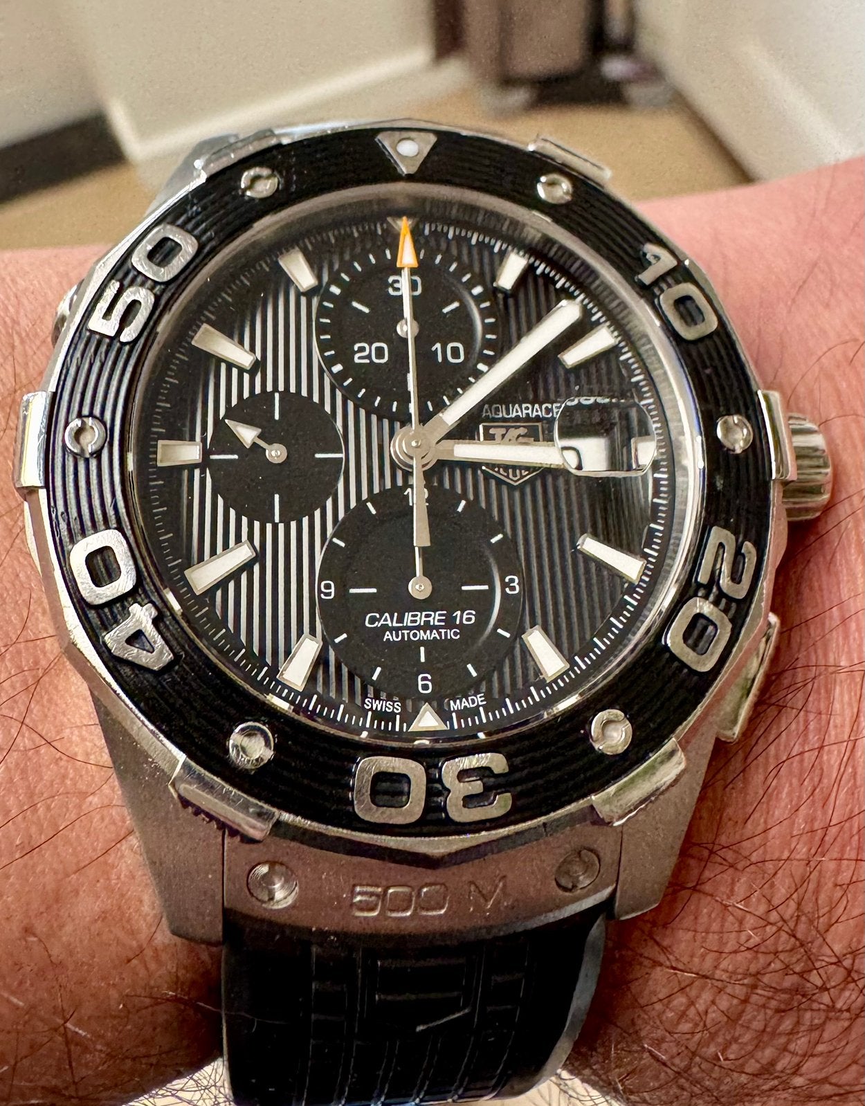 Tag Heuer Aquaracer 500M automatic Calibre 16 met box en pap, Staal, Polshorloge, Kunststof, Ophalen of Verzenden