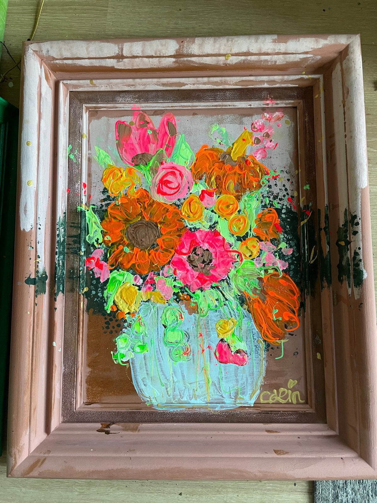 Kleurrijk abstract bloemen schilderij in robuuste lijst, Ophalen of Verzenden