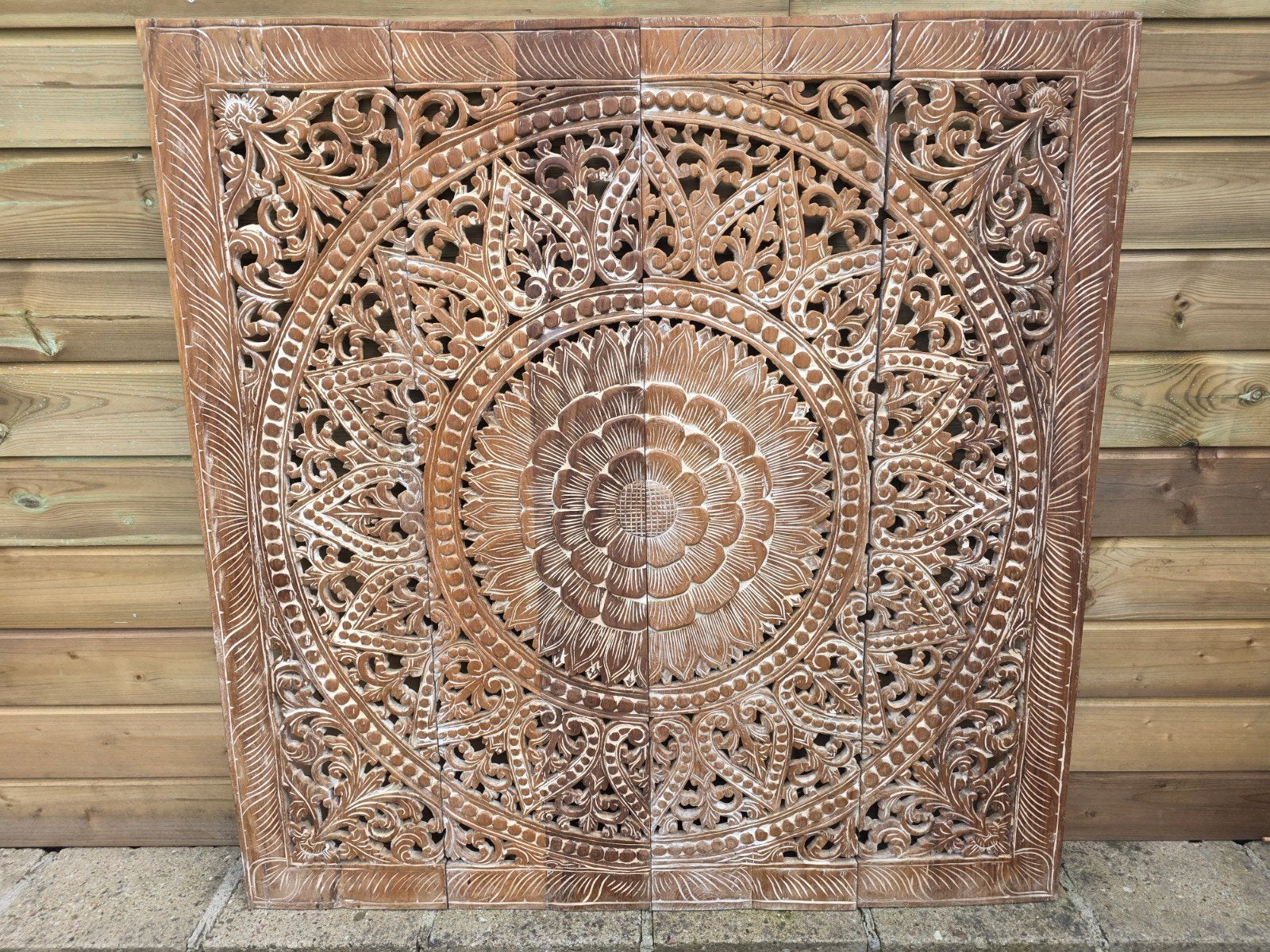 Hardhouten mandala wandpaneel met houtsnijwerk - Oosters/Boh, Gebruikt, Oosters, Hout, Ophalen of Verzenden