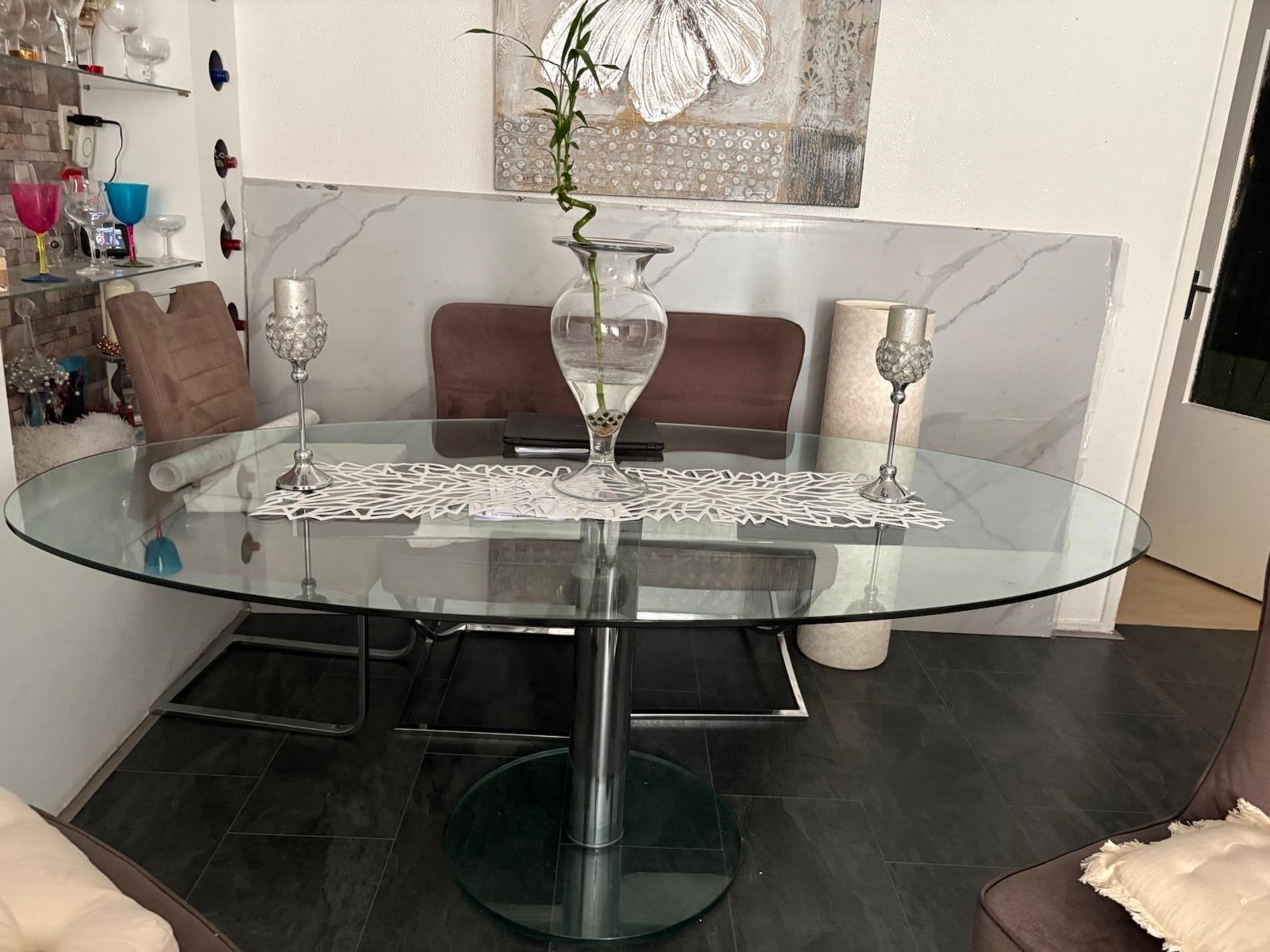 Glazen eettafel met chromen onderstel - Ovaal, Huis en Inrichting, Ophalen, 100 tot 150 cm, Vijf personen of meer, 150 tot 200 cm