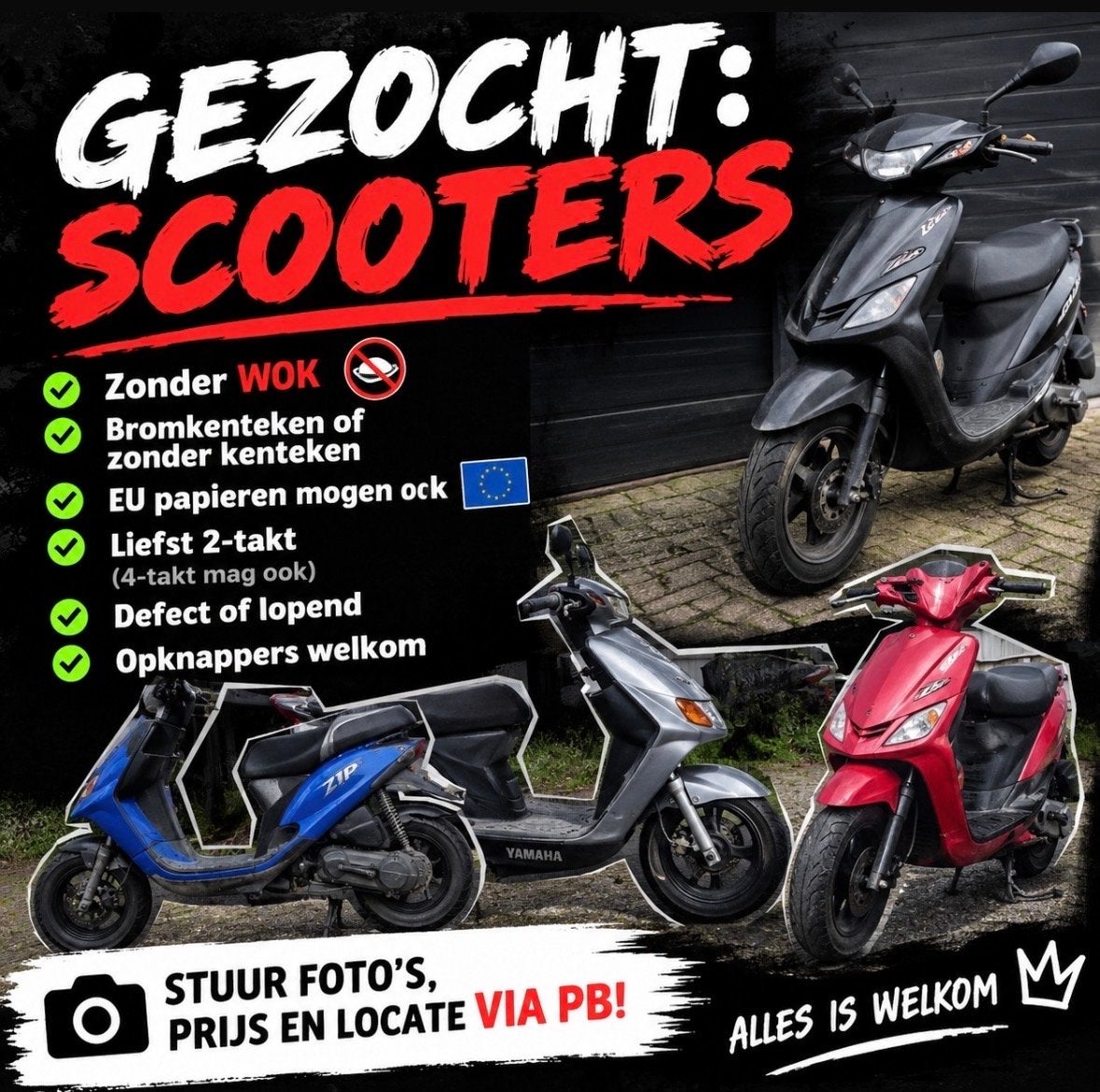 Gezocht: Scooters (defect of lopend, zonder WOK), Ophalen, Gebruikt, Tweetakt
