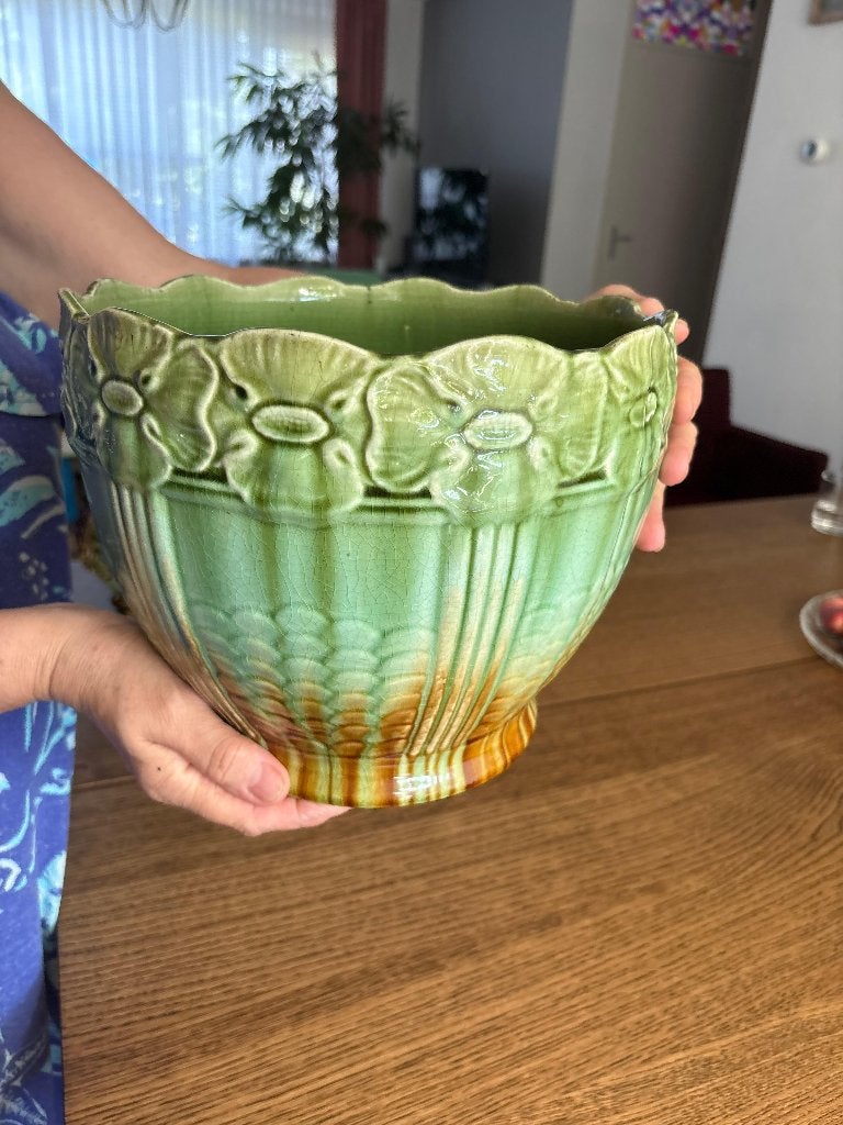 Antiek Majolica keramische  grote  Engelse jardinière, Antiek en Kunst, Ophalen of Verzenden