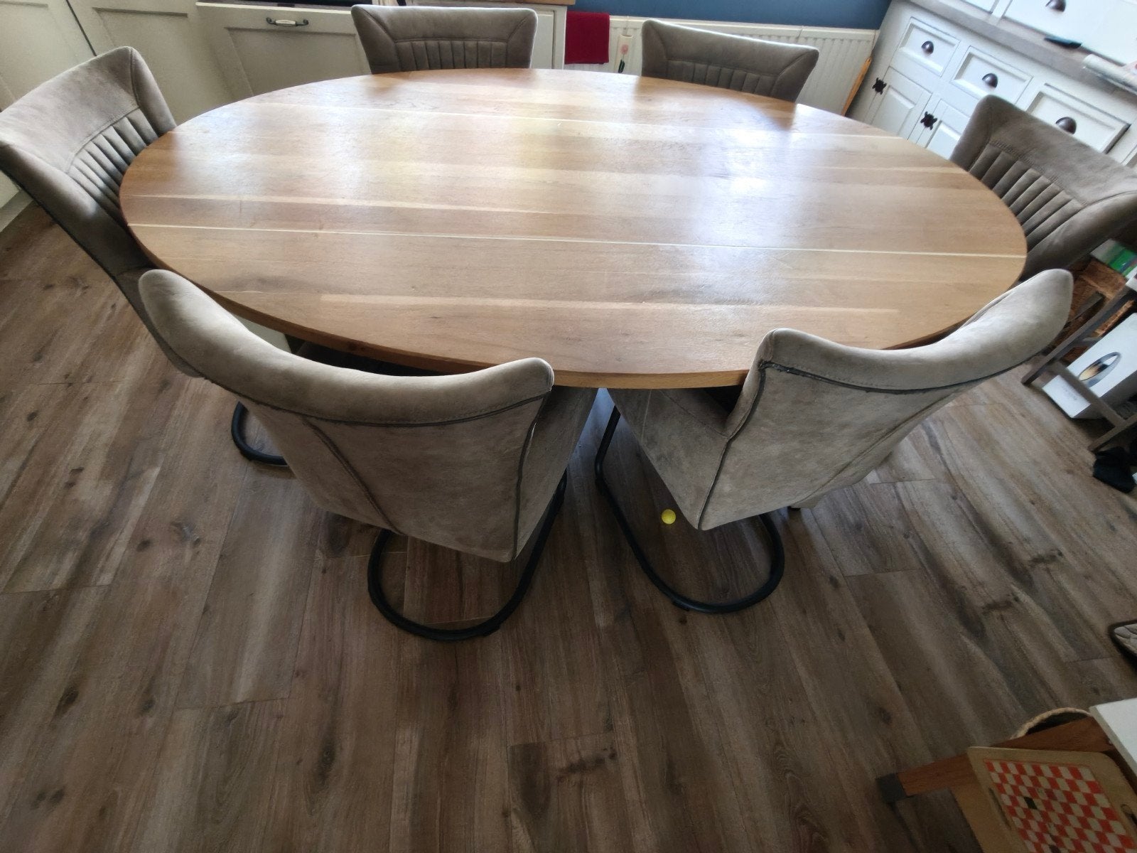 zwaar eiken tafel+6 comfortabele eetkamer stoelen, Ophalen, Gebruikt, Eikenhout, 200 cm of meer