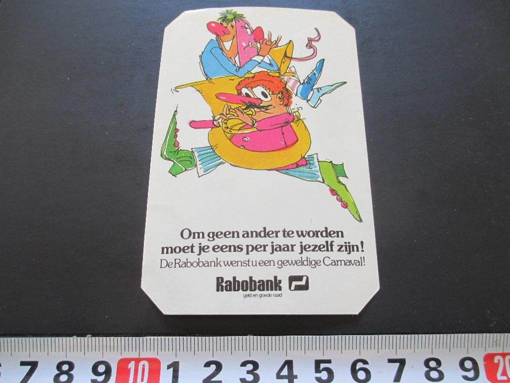 sticker carnaval rabobank strip masker trompet tuba, Ophalen, Zo goed als nieuw