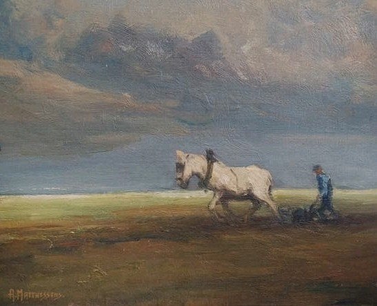 A. Matthyssens Belgische schilder ploegende boer schilderij, Ophalen of Verzenden
