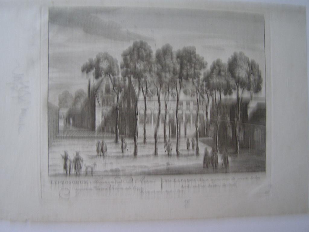 antieke gravure Het Lazarus Huys in Amsterdam door P.Schenk, Antiek en Kunst, Kunst | Etsen en Gravures, 18 cm, 26 cm, Stadsgezicht