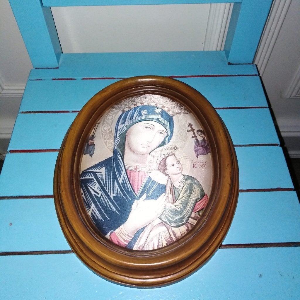 Icoon van stof in een houten lijstje Maria met kindje Italy, Verzamelen, Religie, Ophalen, Gebruikt, Overige typen, Christendom | Katholiek