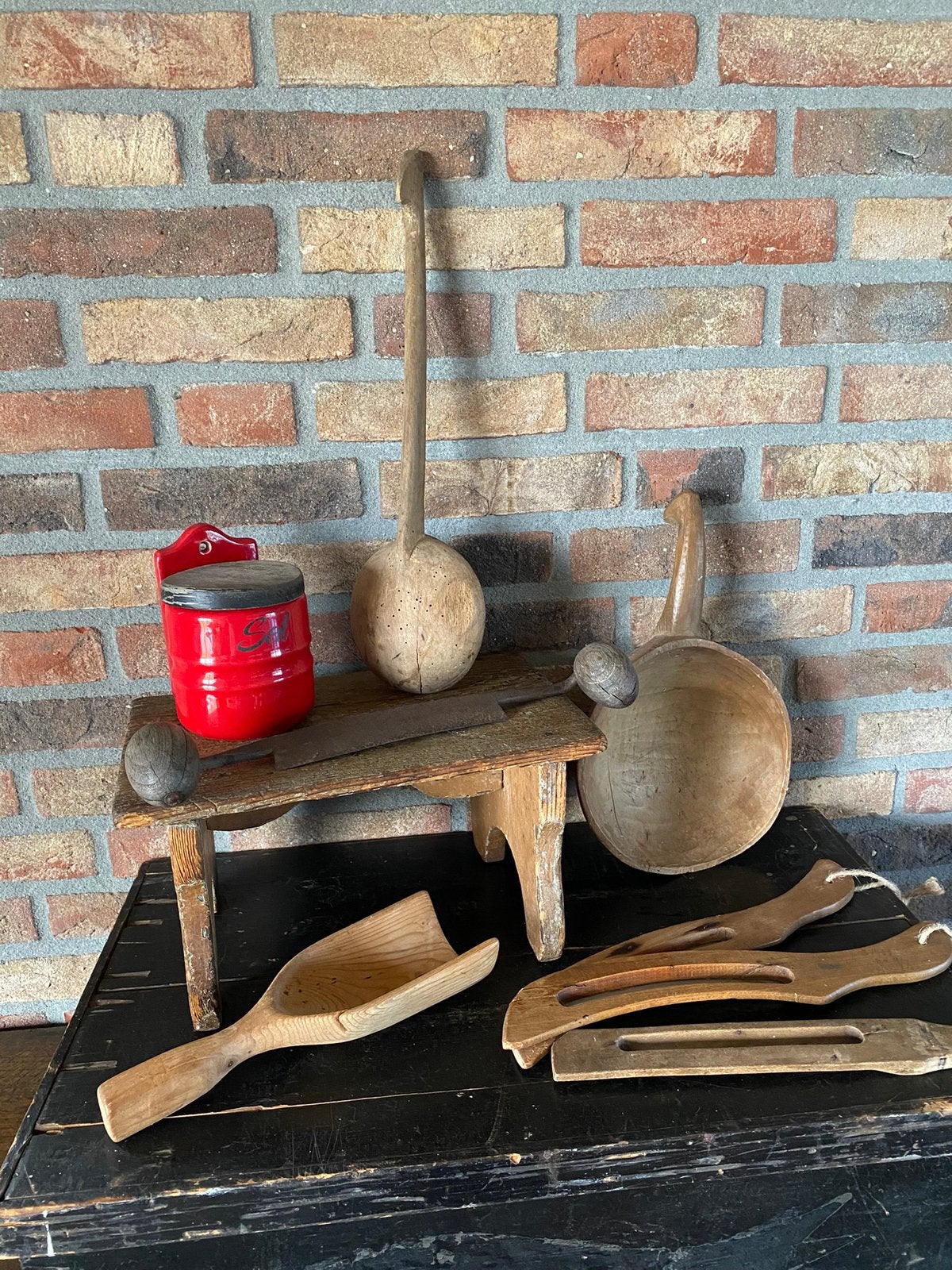 Brocante oude houten lepels/koolschaaf/ zoutpotje, Ophalen of Verzenden