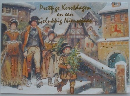 Oude Kerstkaart met mensen met kerstboom, Ophalen of Verzenden, 1980 tot heden, Gelopen, Feest(dag)