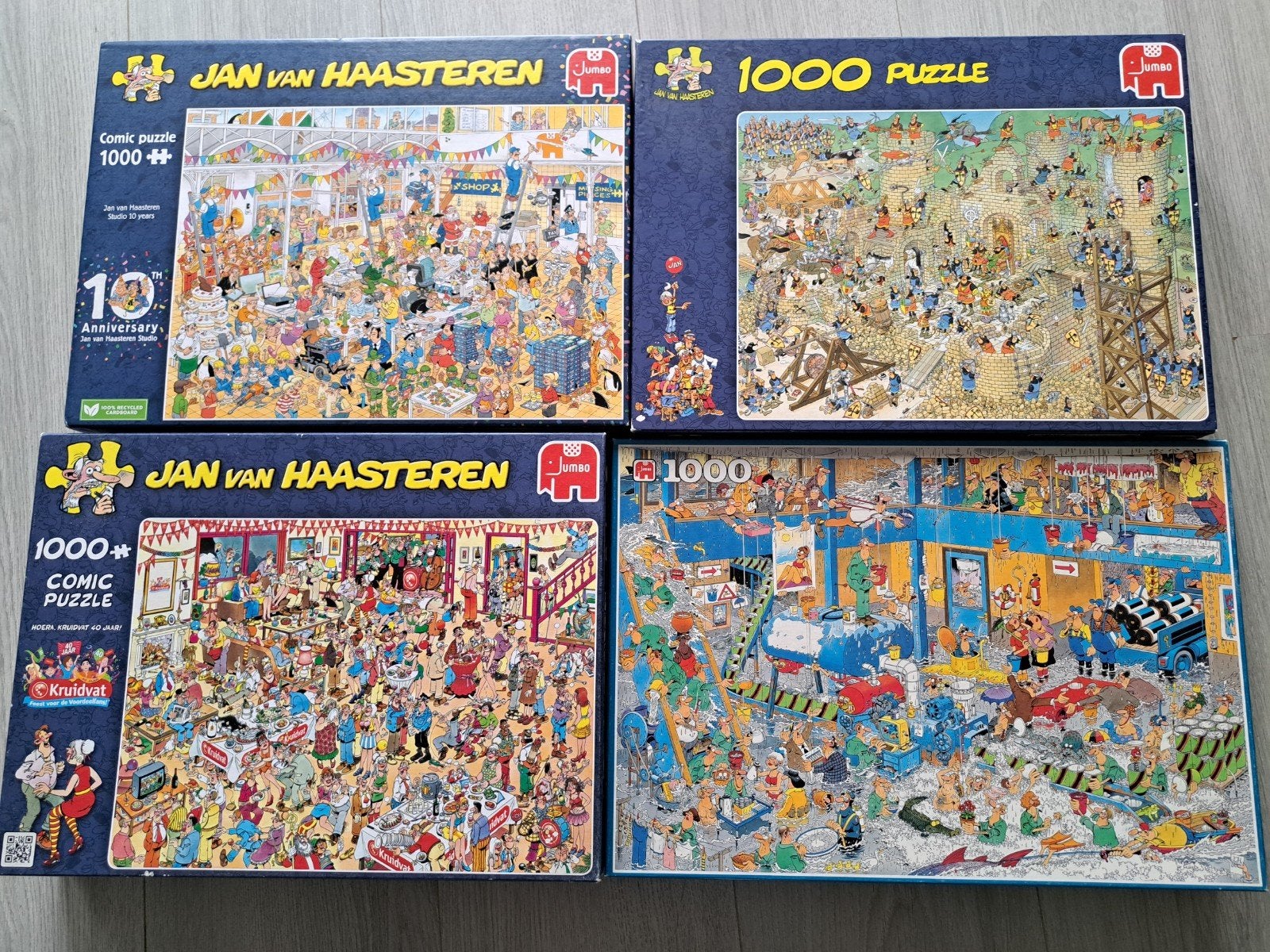 4 puzzels Jan van Haasteren 1000 stukjes, allen compleet, Ophalen of Verzenden, 500 t/m 1500 stukjes, Gebruikt, Legpuzzel