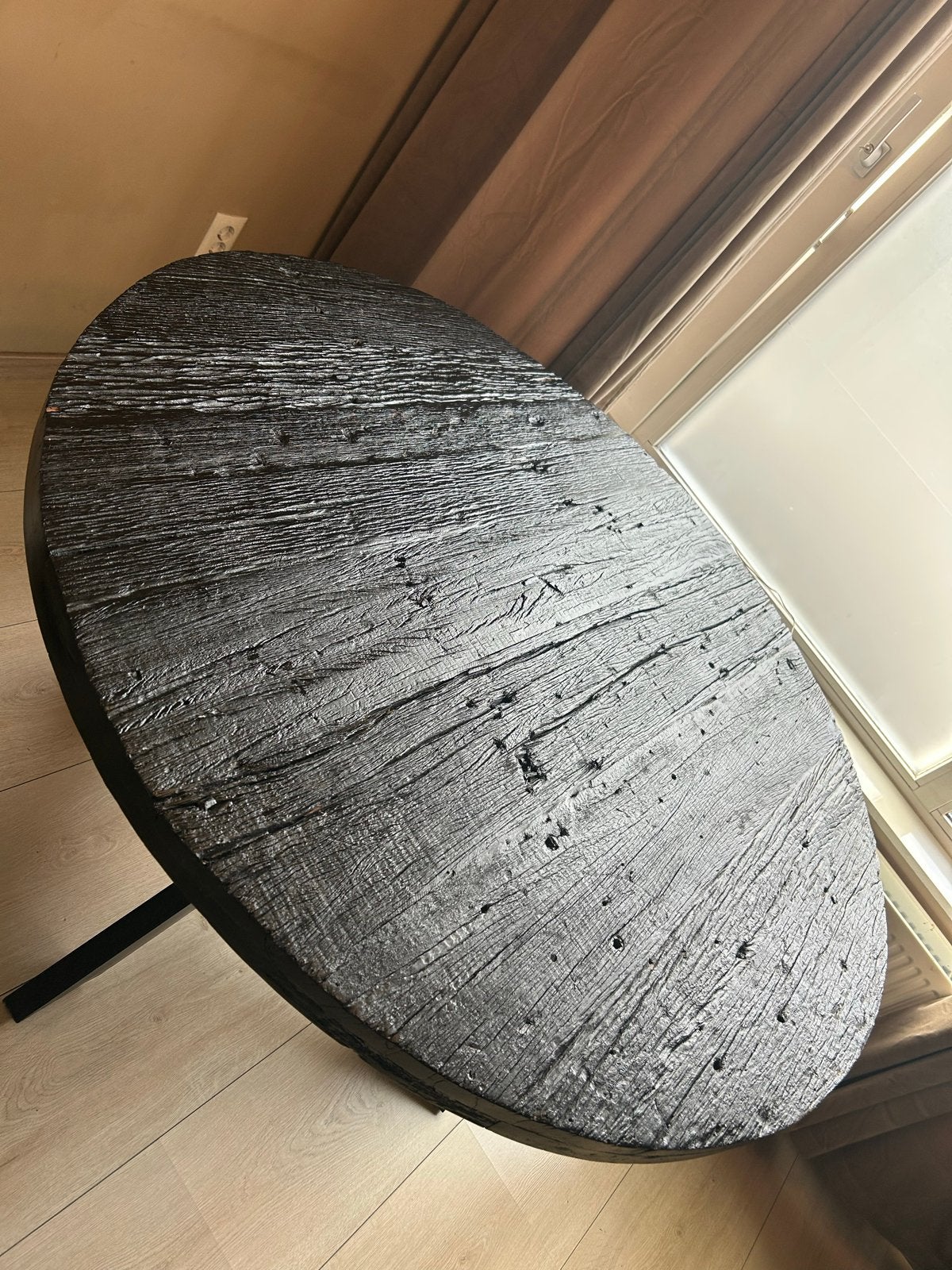 Ronde eettafel van oud hout met metalen onderstel, Huis en Inrichting, Ophalen, Gebruikt, 100 tot 150 cm, Rond