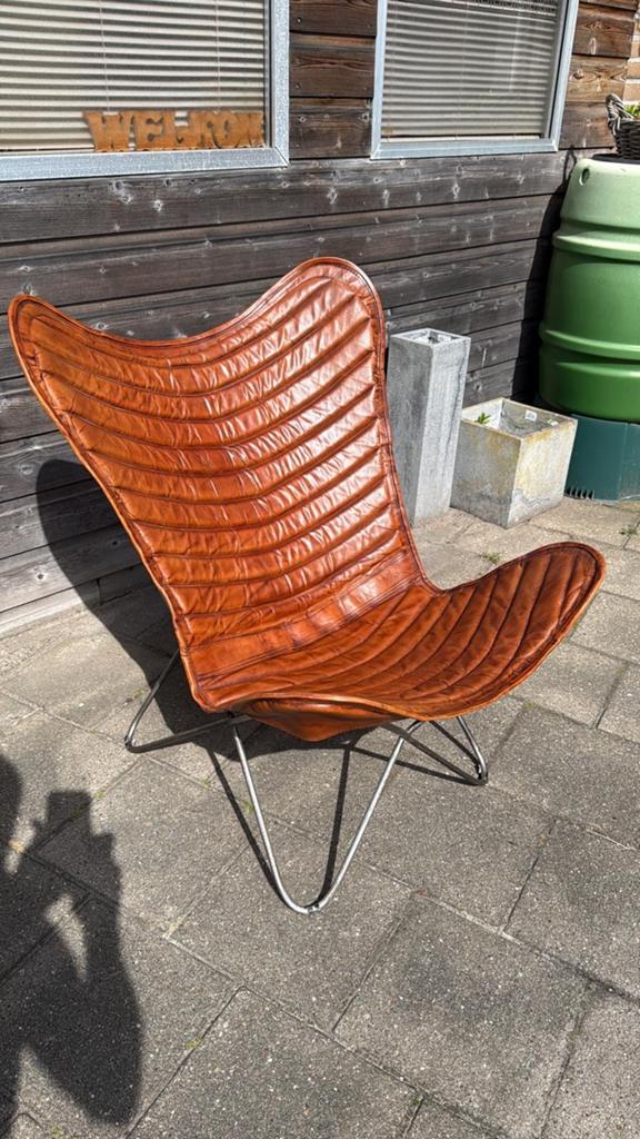Leren Butterfly Stoel - Cognacbruin, Huis en Inrichting, Fauteuils, Ophalen, 100 tot 125 cm, Butterfly, Leer
