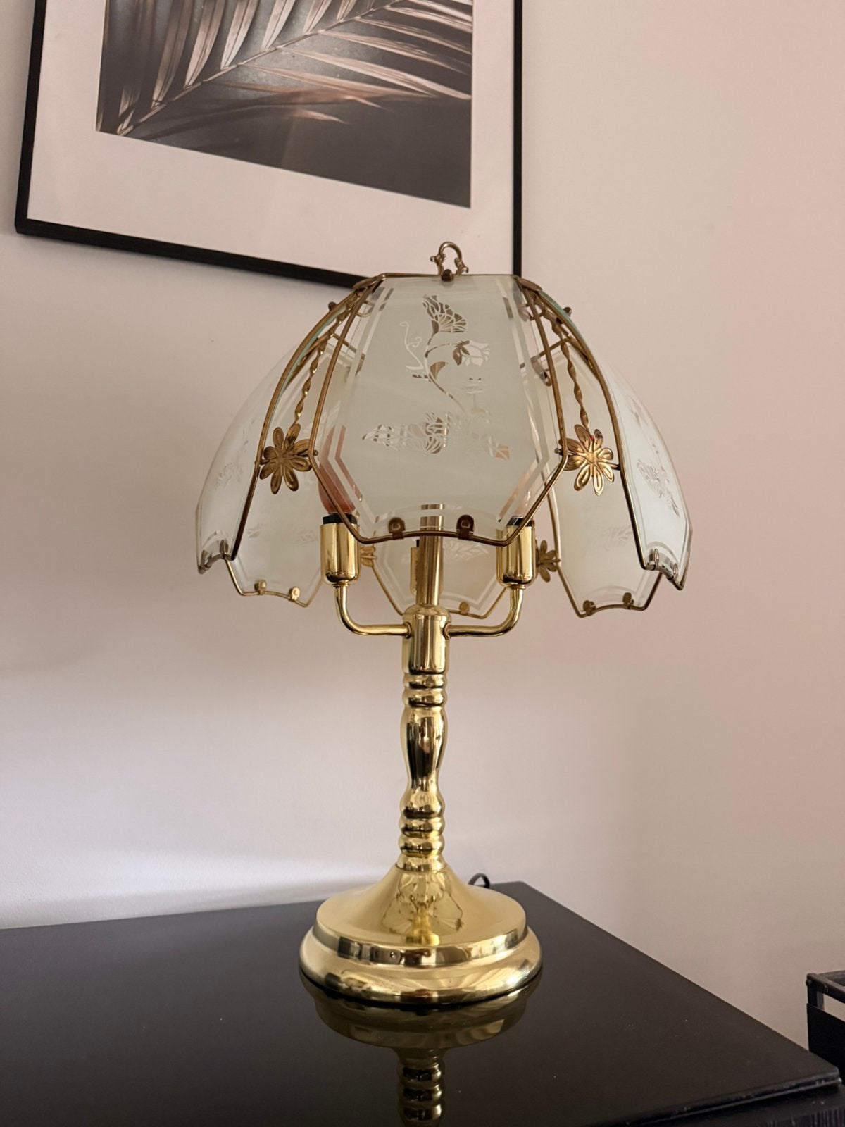 Vintage messing/gouden tafellamp  – bloemenmotief, Ophalen, Vintage, Goud, Glas