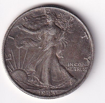 USA 1/2 Dollar 1943 met randtikje en Patina, Postzegels en Munten, Munten | Amerika, Verzenden, Noord-Amerika, Losse munt, Zilver