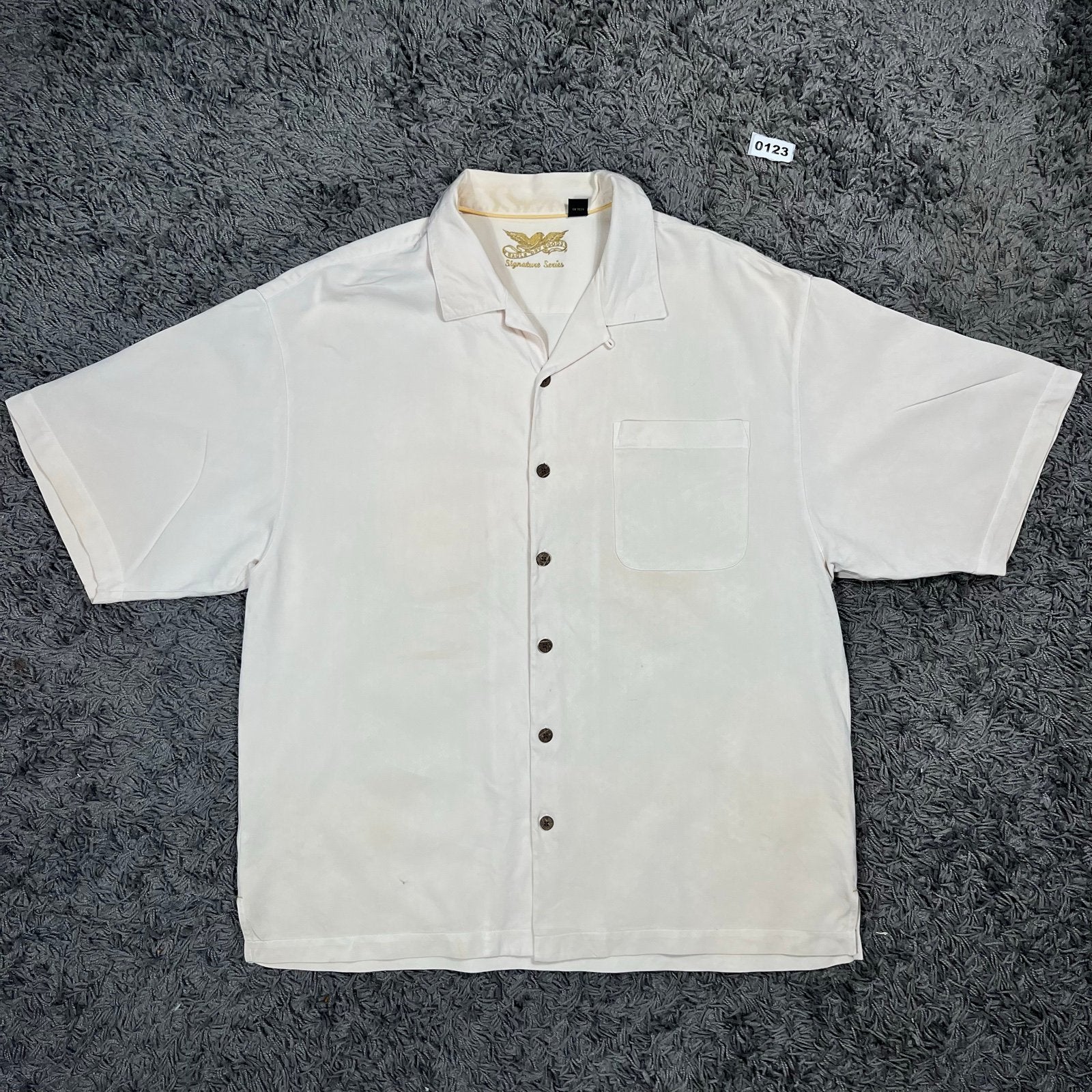 Eagle of Wool Cream Silk Button-Up Shirt XL Large Pocket Sho, Ophalen of Verzenden, Gedragen, Beige, Eagle of Wool