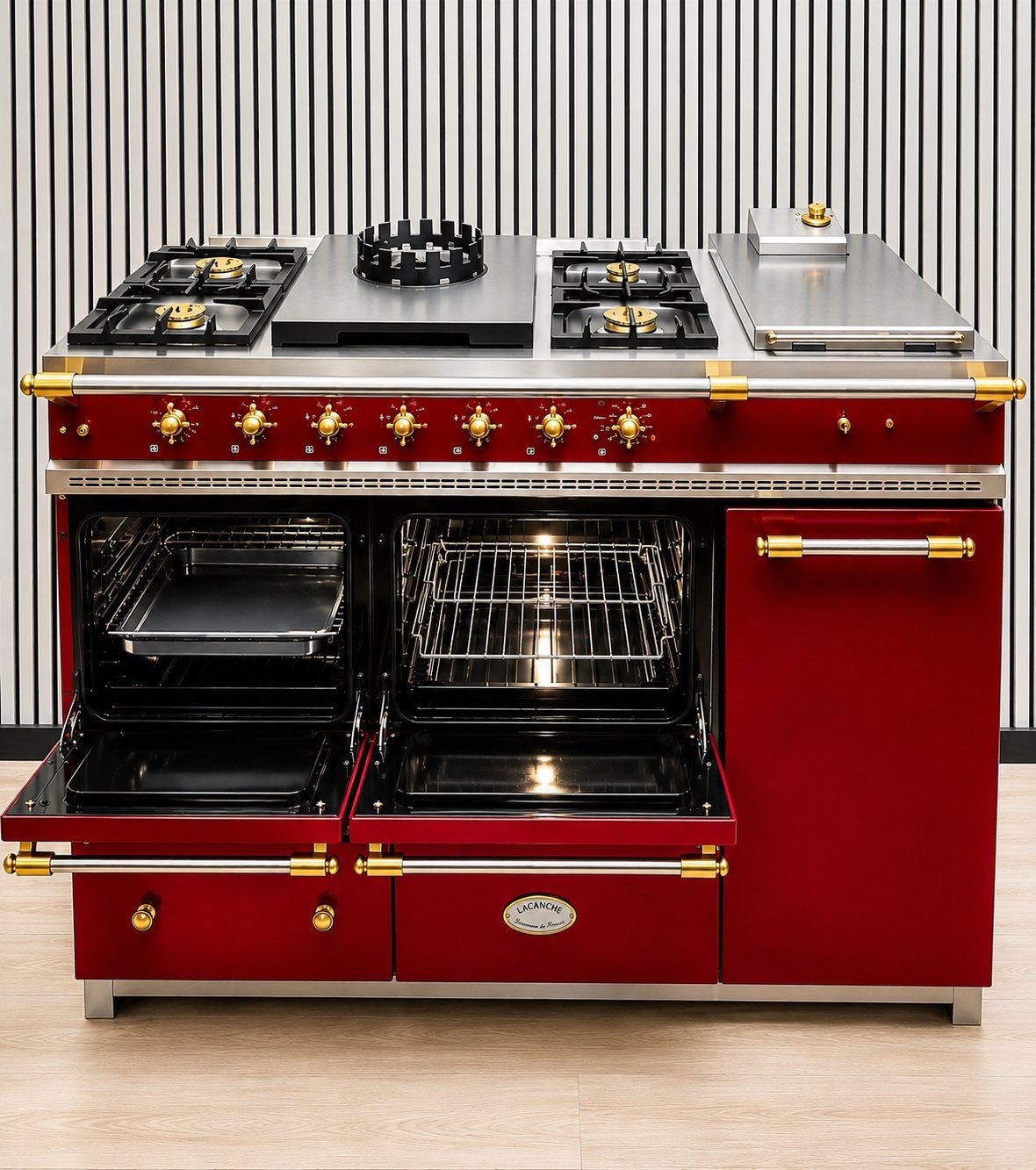 Luxe Lacanche Bordeaux rood / Messing Gasoven Messing 140 cm, Witgoed en Apparatuur, Fornello Esperta, Grill, Ophalen of Verzenden