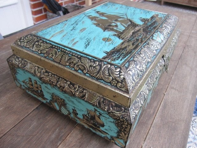 3x grote Victoria schatkist zilverkleur turquoise 42x30cm, Antiek en Kunst, Ophalen of Verzenden