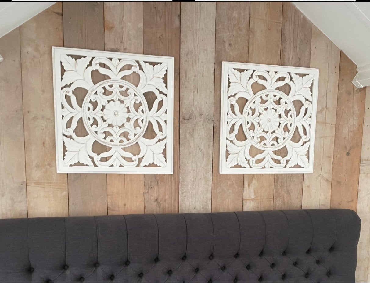 Set van 2 Witte Houten Wandpanelen -  2 stuks 60x60 cm, Huis en Inrichting, Boho, Hout, Ophalen of Verzenden, Zo goed als nieuw