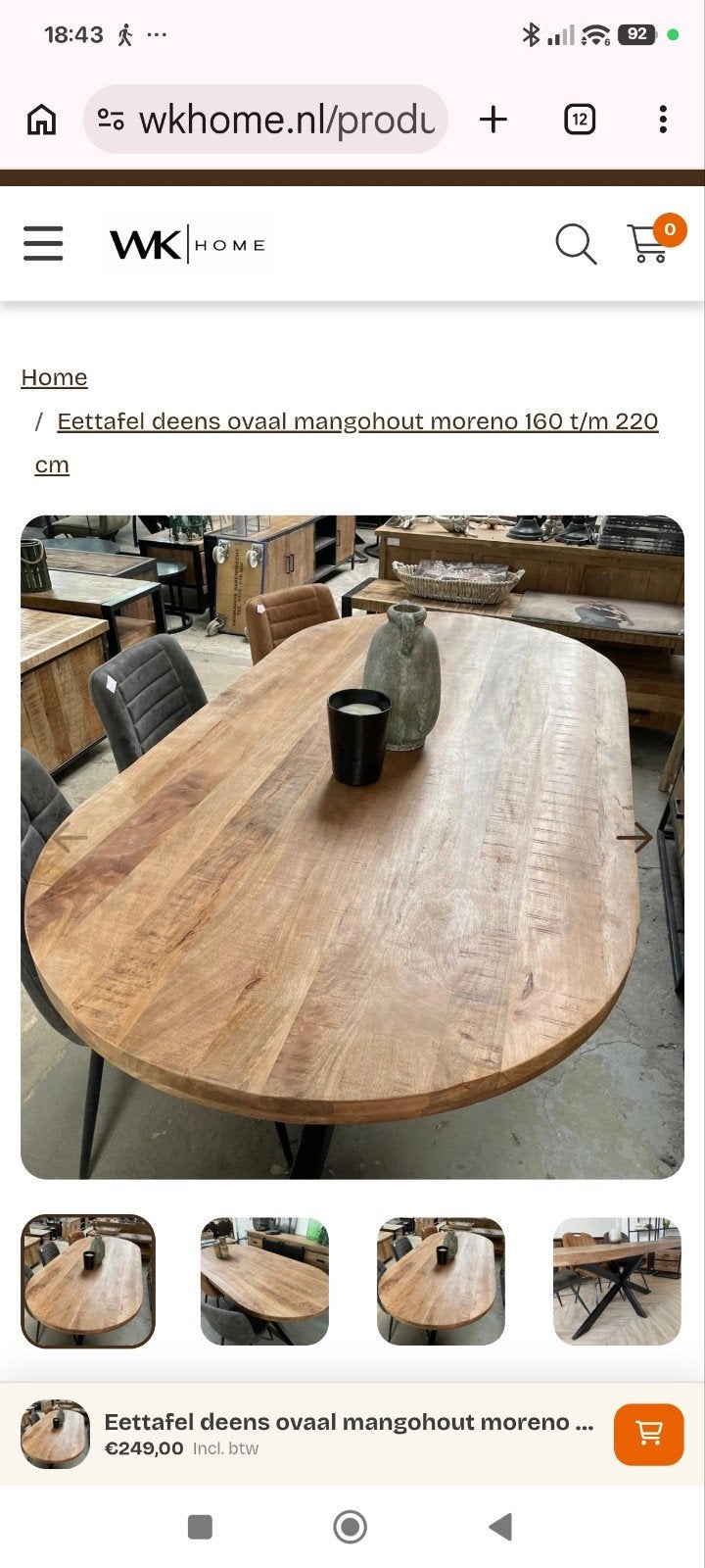 Deens ovale eettafel mangohout Moreno 220x100 cm, 200 cm of meer, 50 tot 100 cm, Zo goed als nieuw, Vier personen