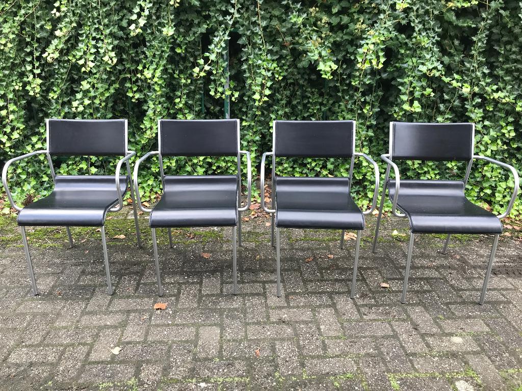 4x Stoelen design - Leer & Geborsteld staal   µf, Huis en Inrichting, Ophalen, Zwart, Leer, Vier