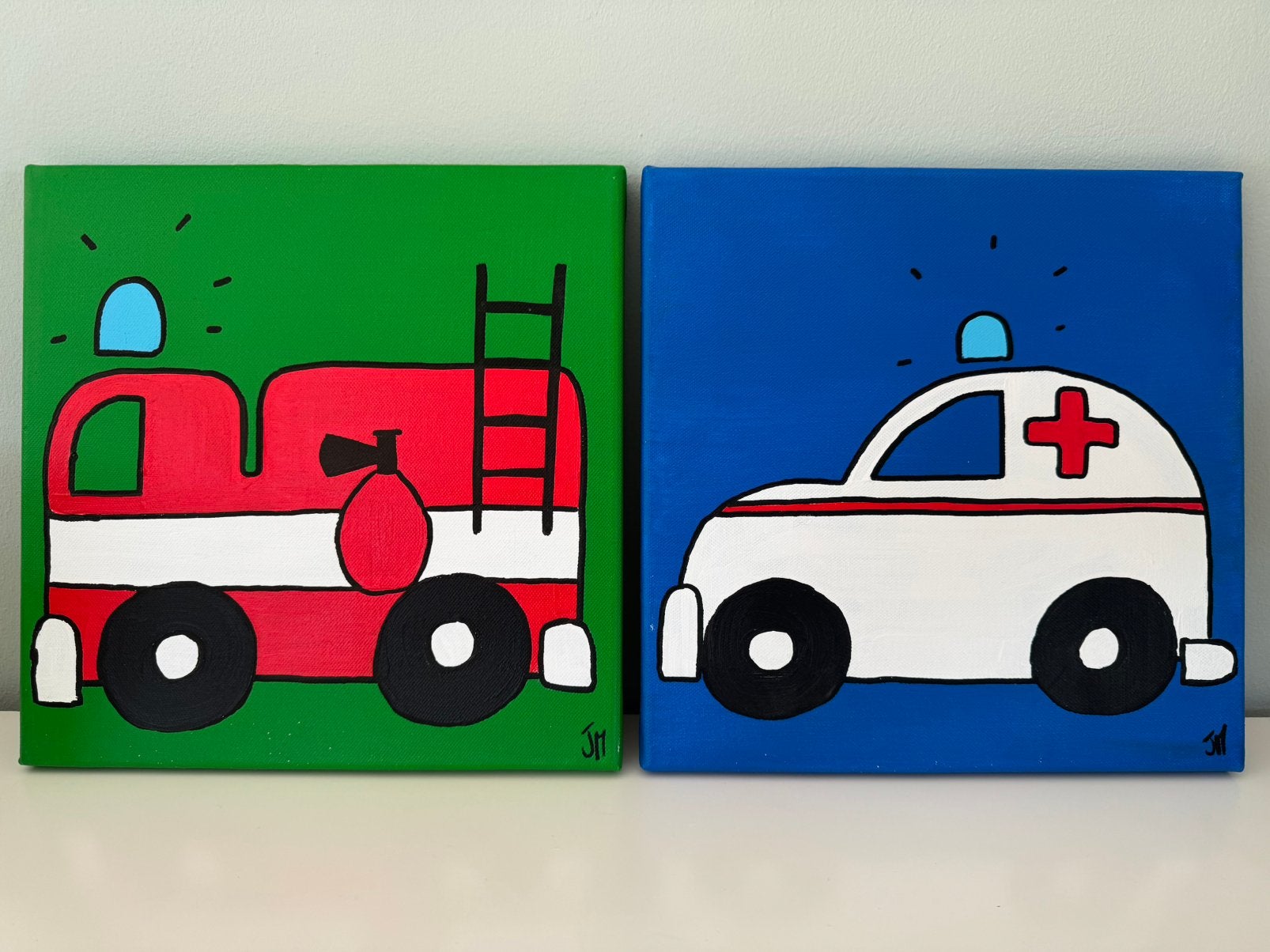 Kunst op canvas kinderkamer - ambulance & brandweer, Ophalen of Verzenden, Gebruikt, Handgemaakt, Wanddecoratie