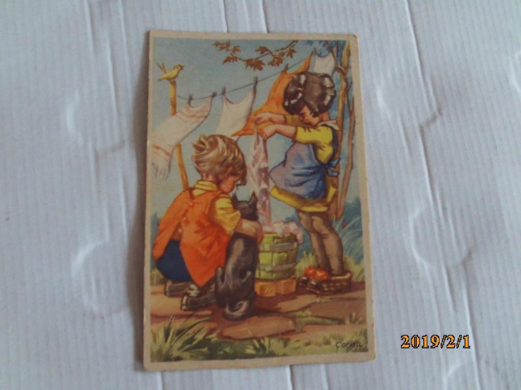 oude kinderkaart kinderen hangen de was op, Ophalen of Verzenden, 1960 tot 1980, Gelopen, Kinderen