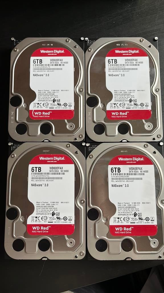 4x 6TB WD Red NAS Hard Drives (WD60EFAX) - Ideaal voor NAS, Computers en Software, Harde schijven, Zo goed als nieuw, Desktop