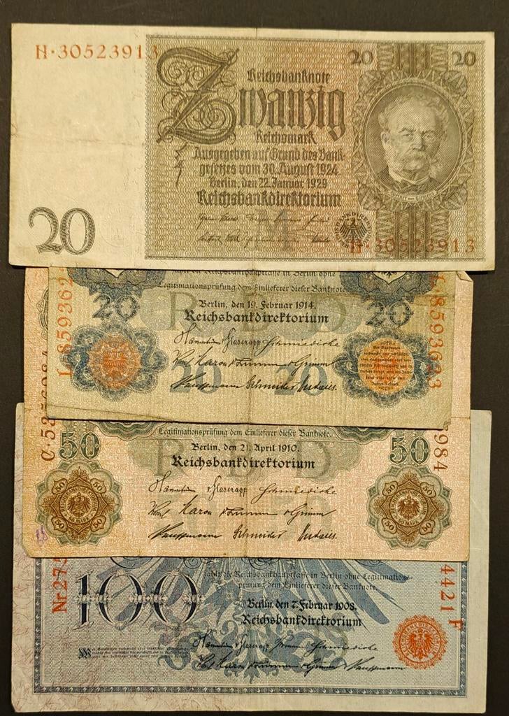 Duitse Reichsbank biljetten 1908-1929 (20-50-100 Mark), Ophalen of Verzenden, Duitsland
