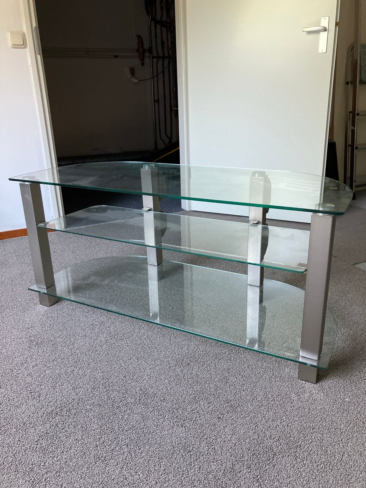 Glazen TV-meubel met metalen poten, Ophalen, Gebruikt, 100 tot 150 cm, Glas