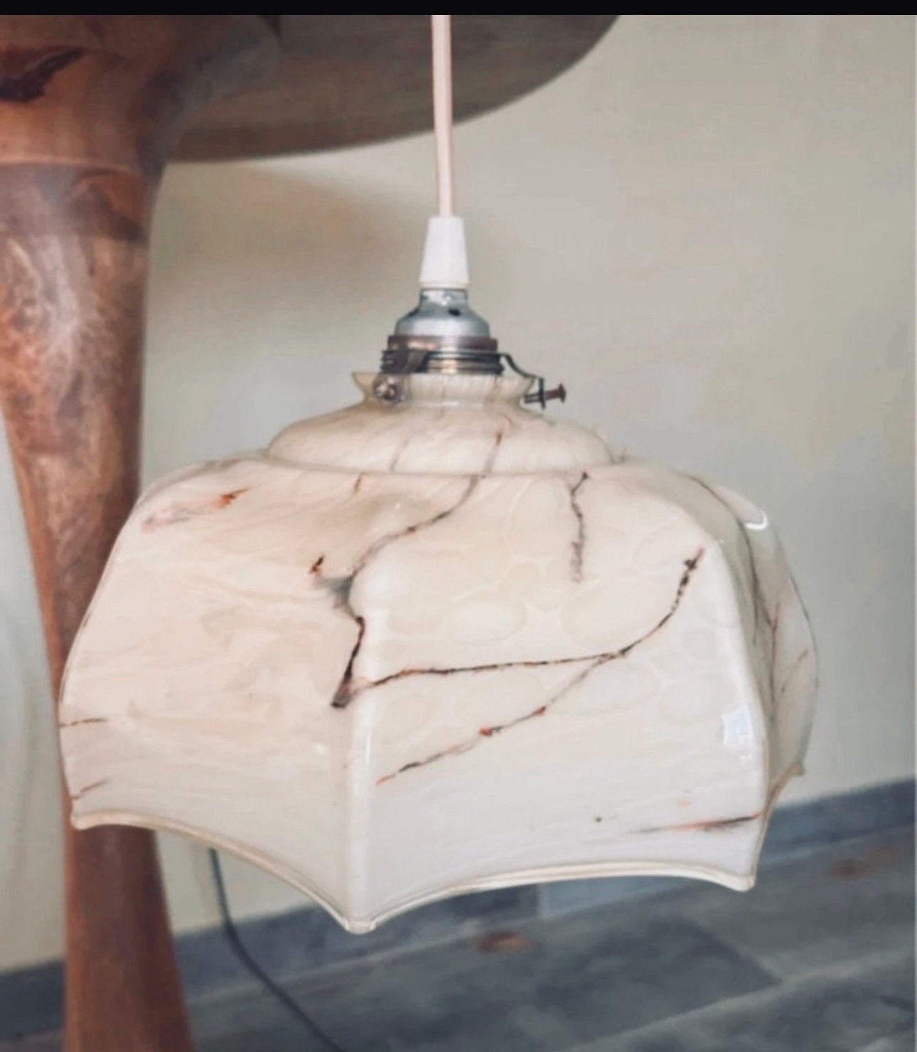 Vintage Plafondlamp - Marmerlook Glas, Huis en Inrichting, Ophalen of Verzenden, Gebruikt, Glas, E27 (groot)