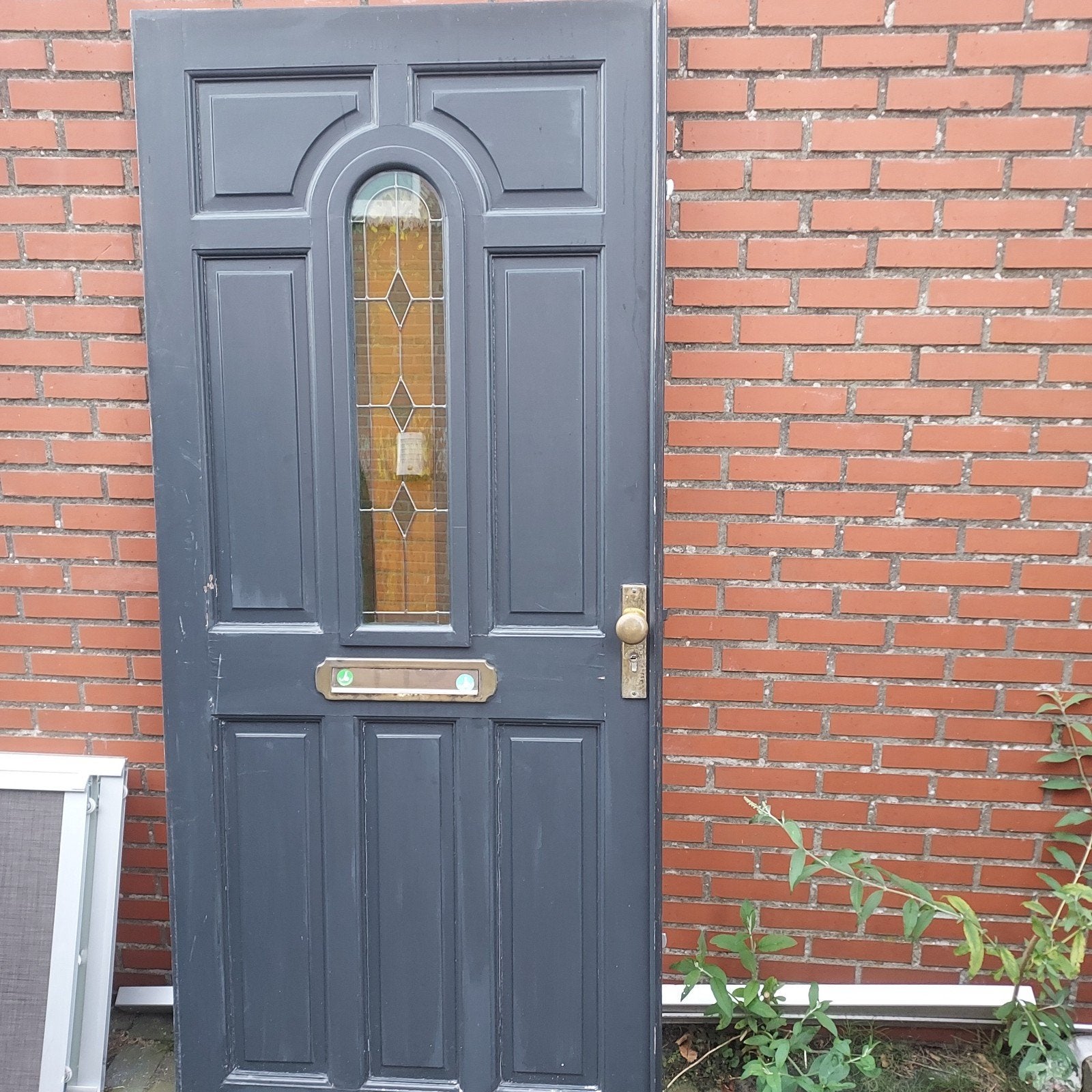 Zware hardhouten voordeur 920x2110 met glas-in-lood, Doe-het-zelf en Verbouw, Deuren en Horren, Ophalen, Gebruikt, 80 tot 100 cm