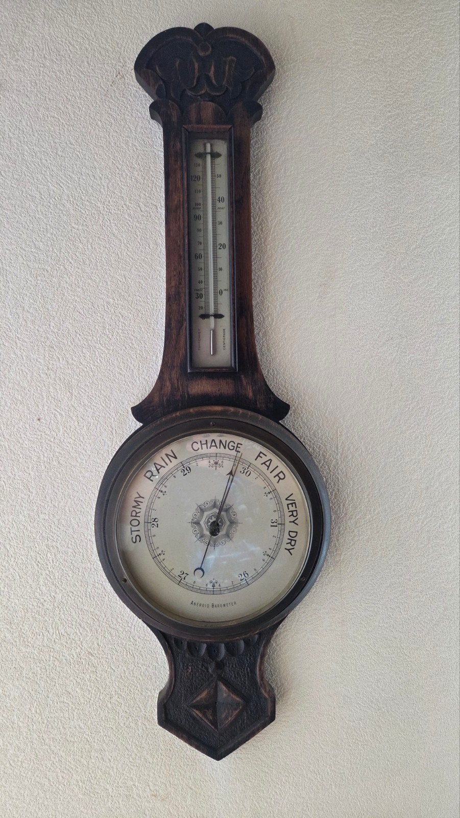 Antieke Barometer met Thermometer - Houtsnijwerk, Ophalen of Verzenden, Gebruikt, Barometer
