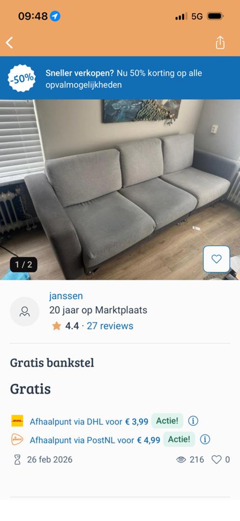 Gratis bank, Gebruikt, Driepersoons, 75 tot 100 cm, Ophalen of Verzenden