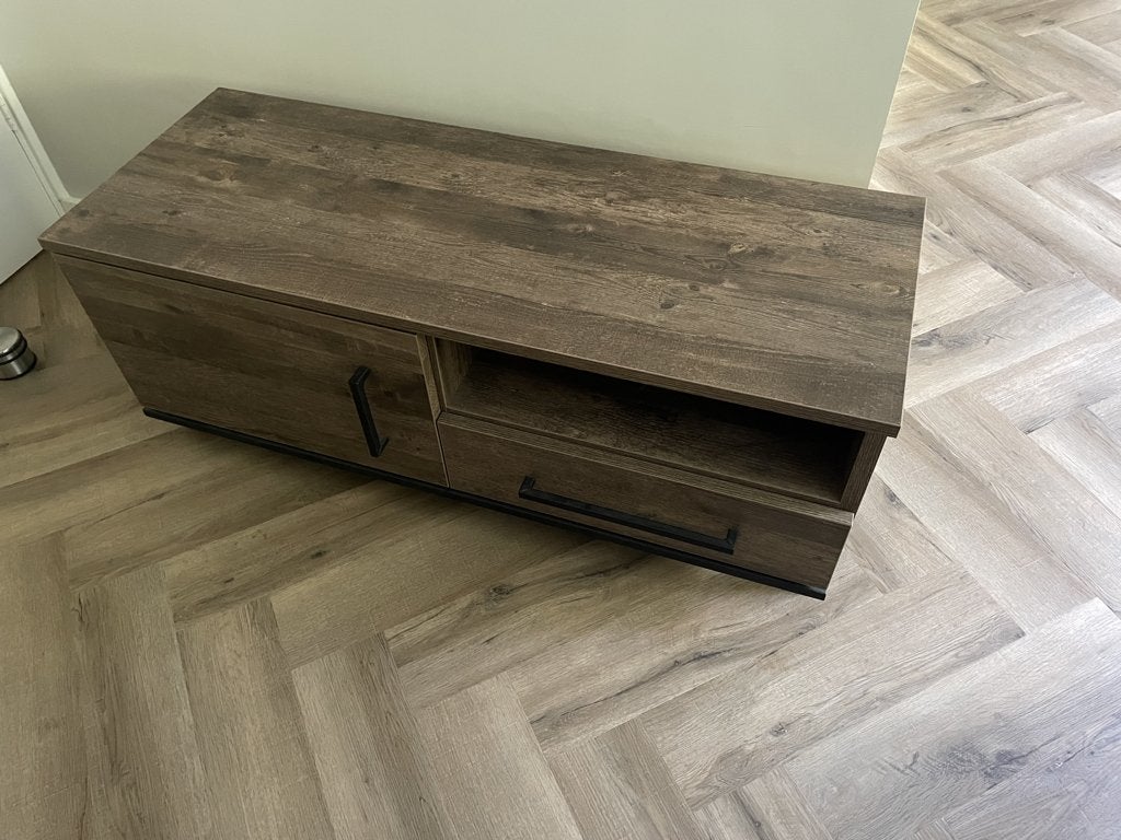 TV-meubel (lamulux met zwart metalen frame), Ophalen, 100 tot 150 cm, Zo goed als nieuw, Minder dan 100 cm