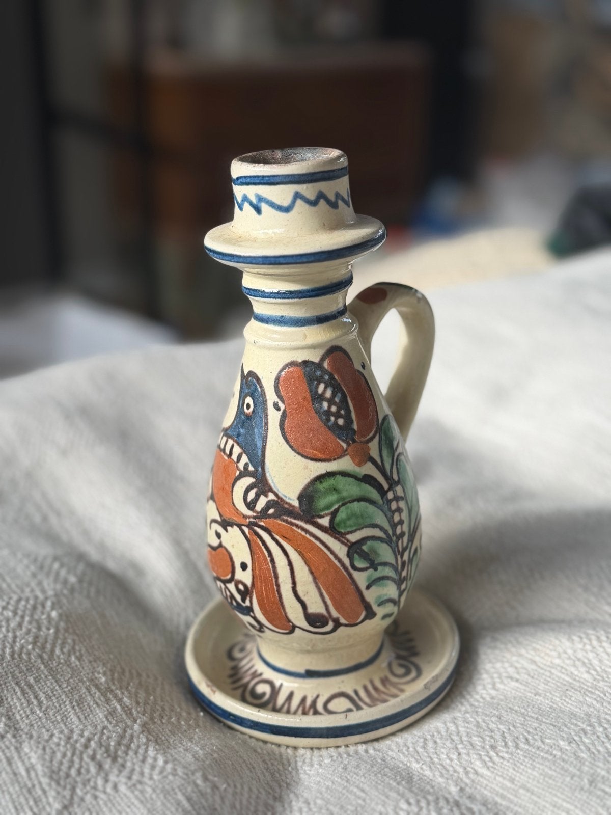 Handgeschilderde Keramieken Kandelaar met Vogelmotief, Ophalen of Verzenden, Keramiek of Aardewerk