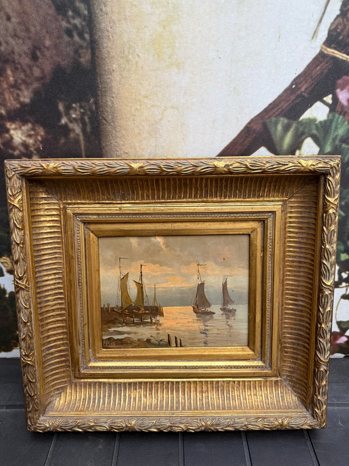 Olieverfschilderij met boten, gesigneerd F. de Jong, Ophalen of Verzenden
