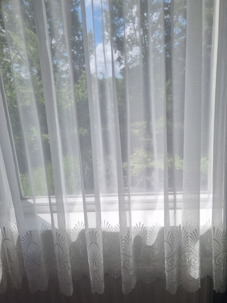Witte vitrage met sierrand, Gebruikt, 150 tot 200 cm, Ophalen of Verzenden, Wit