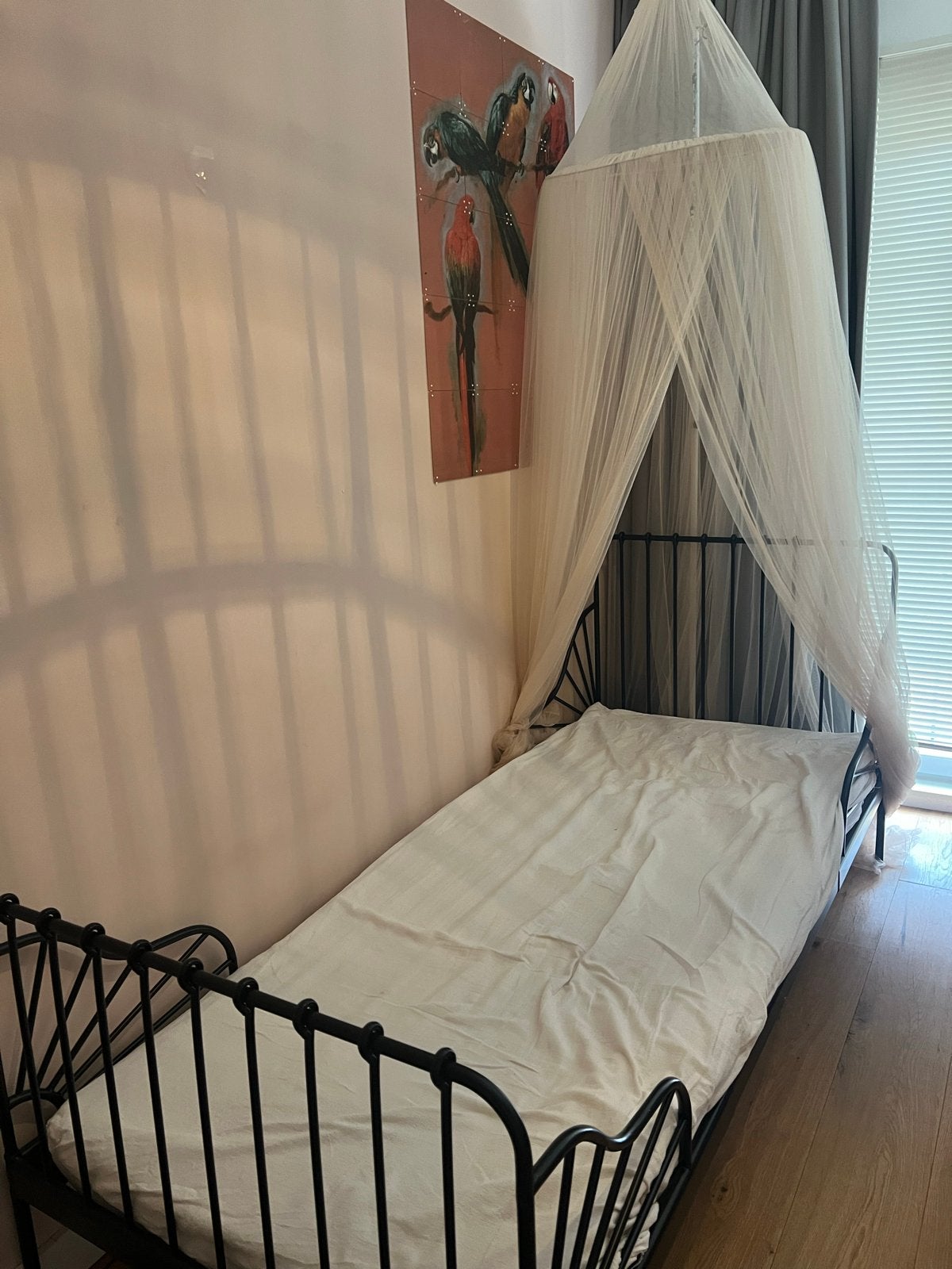 Zwart metalen eenpersoonsbed met klamboe, Huis en Inrichting, Ophalen, Gebruikt, 90 cm, Eenpersoons